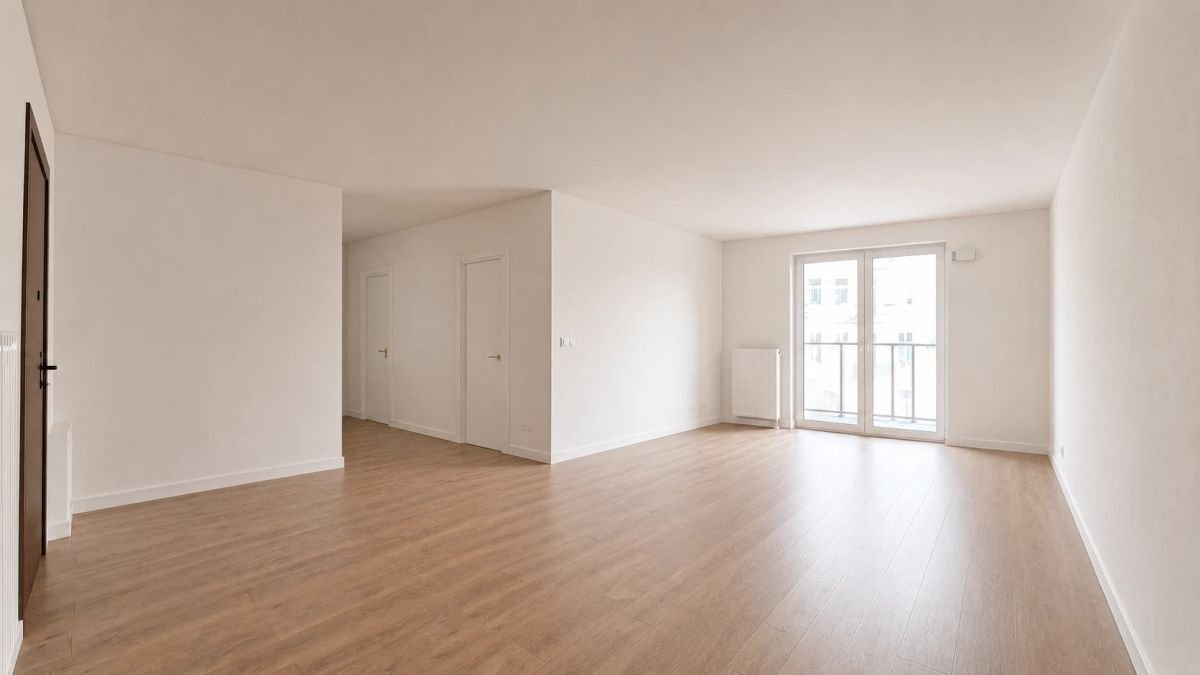 Mieszkanie 3-pokojowe w Odrzańskich Bulvarach w Szczecinie – salon z ułożoną podłogą, pomalowanymi na biało ścianami i wyjściem na balkon, zdjęcie rzeczywiste