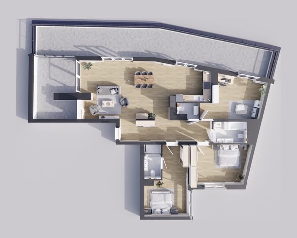 Rzut 3D mieszkania 4-pokojowego nr 23/71 z tarasem w Odrzańskich Bulvarach w Szczecinie – wizualizacja poglądowa